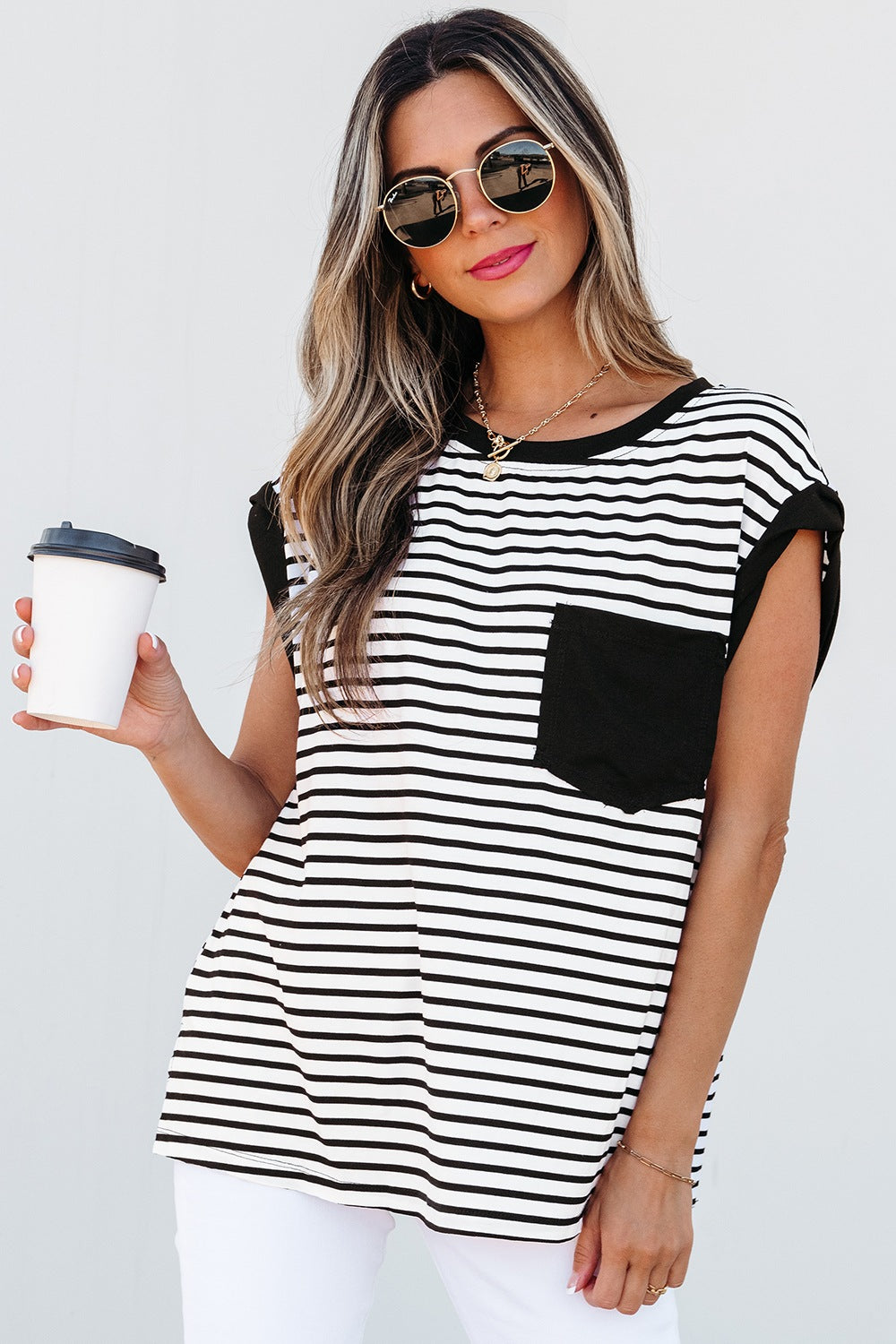 Striped Round Neck Cap Sleeve Top - felvior