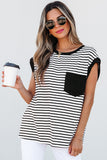 Striped Round Neck Cap Sleeve Top - felvior