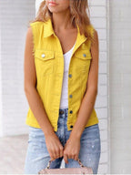 Full Size Button Down Raw Hem Sleeveless Denim Jacket Plus Size