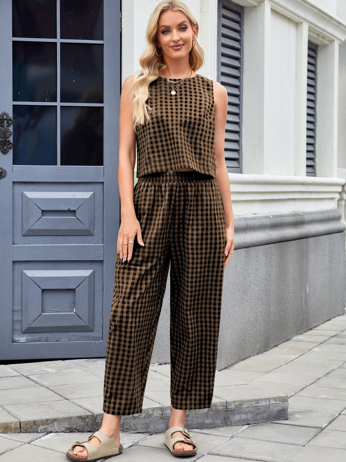 Plaid Sleeveless Top and Pants Set