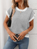 Striped Round Neck Short Sleeve Knit Top - felvior