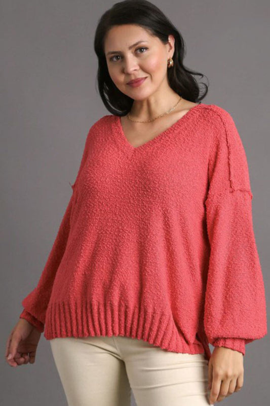 Umgee Full Size Dropped Shoulder Side Slit Sweater Plus Size - felvior