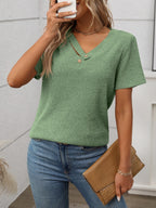 Ribbed V-Neck Short Sleeve T-Shirt
