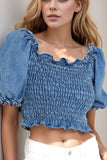 Puff Sleeve Smocked Cropped Denim Top - felvior