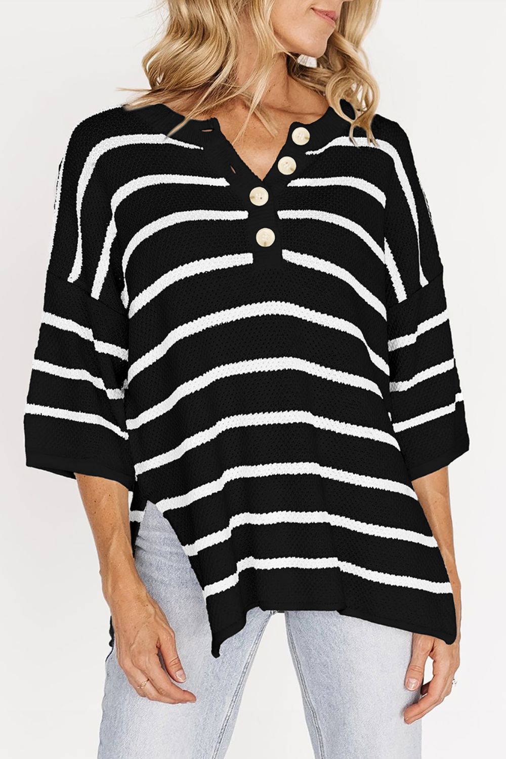Stripe Drop Shoulder Side Slit Knit Top - felvior