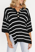 Stripe Drop Shoulder Side Slit Knit Top