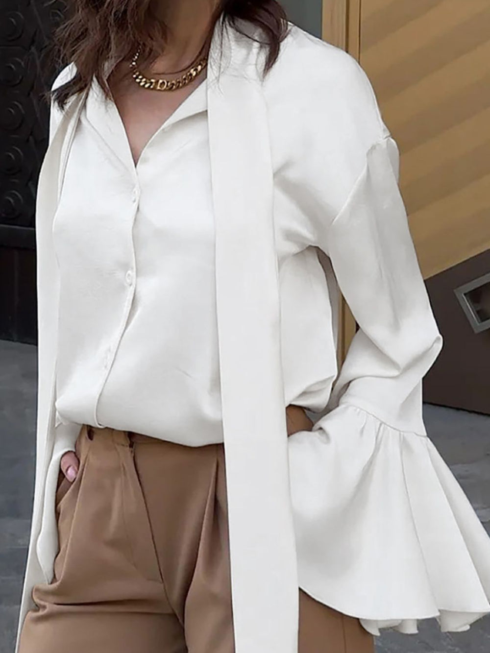 Button Down Flounce Sleeve Shirt - felvior