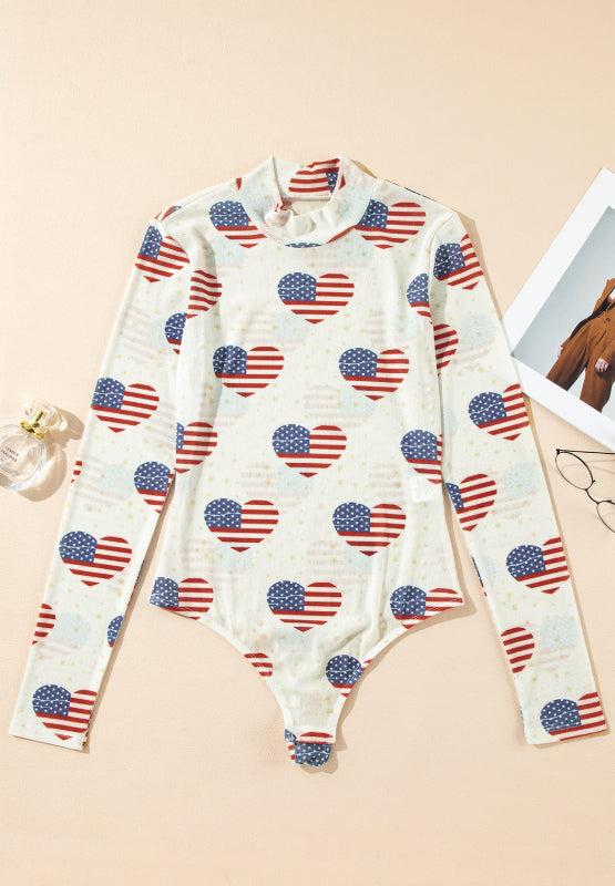 US Flag Heart Mock Neck Long Sleeve Bodysuit - felvior