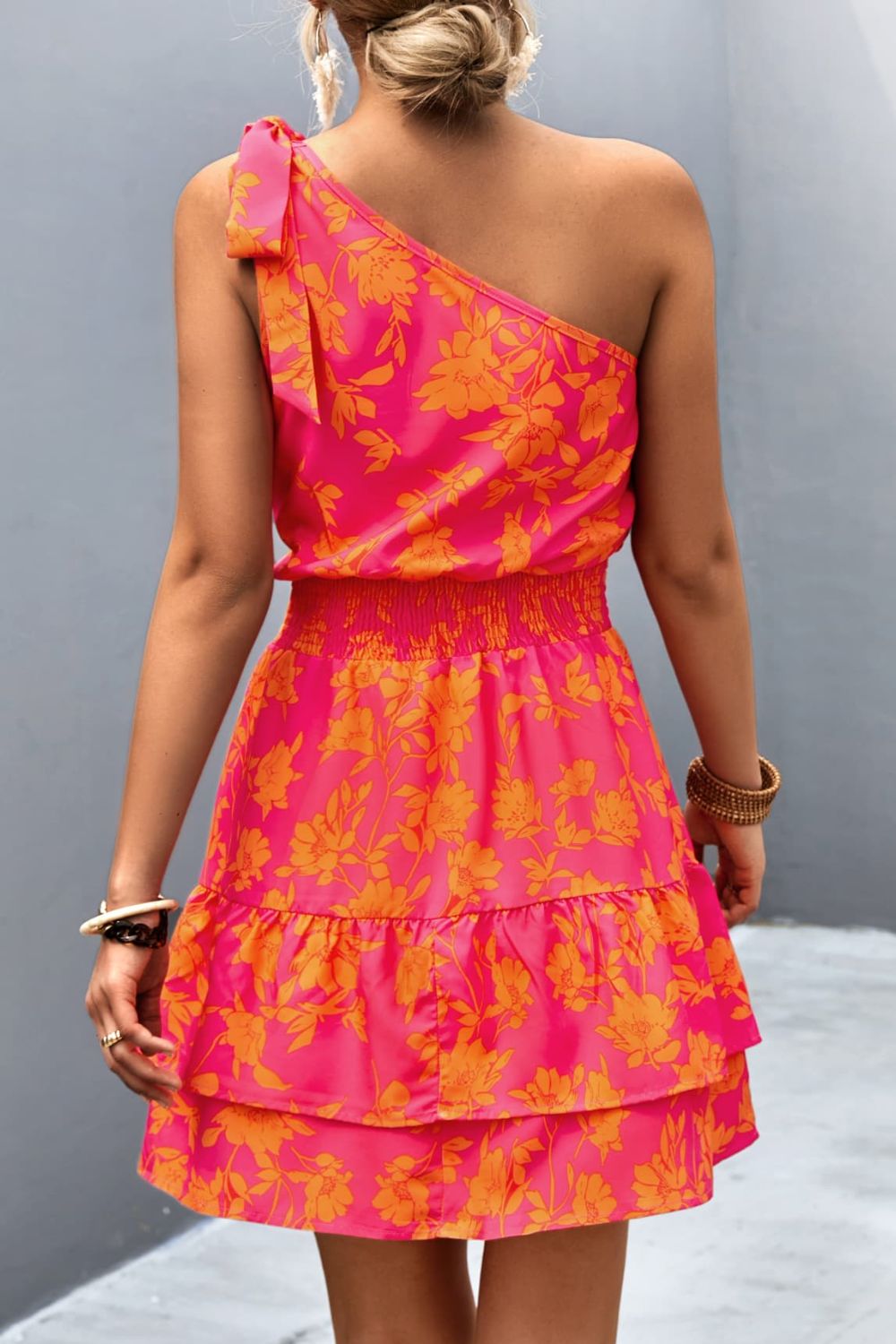 Tied Smocked Printed Single Shoulder Dress - felvior