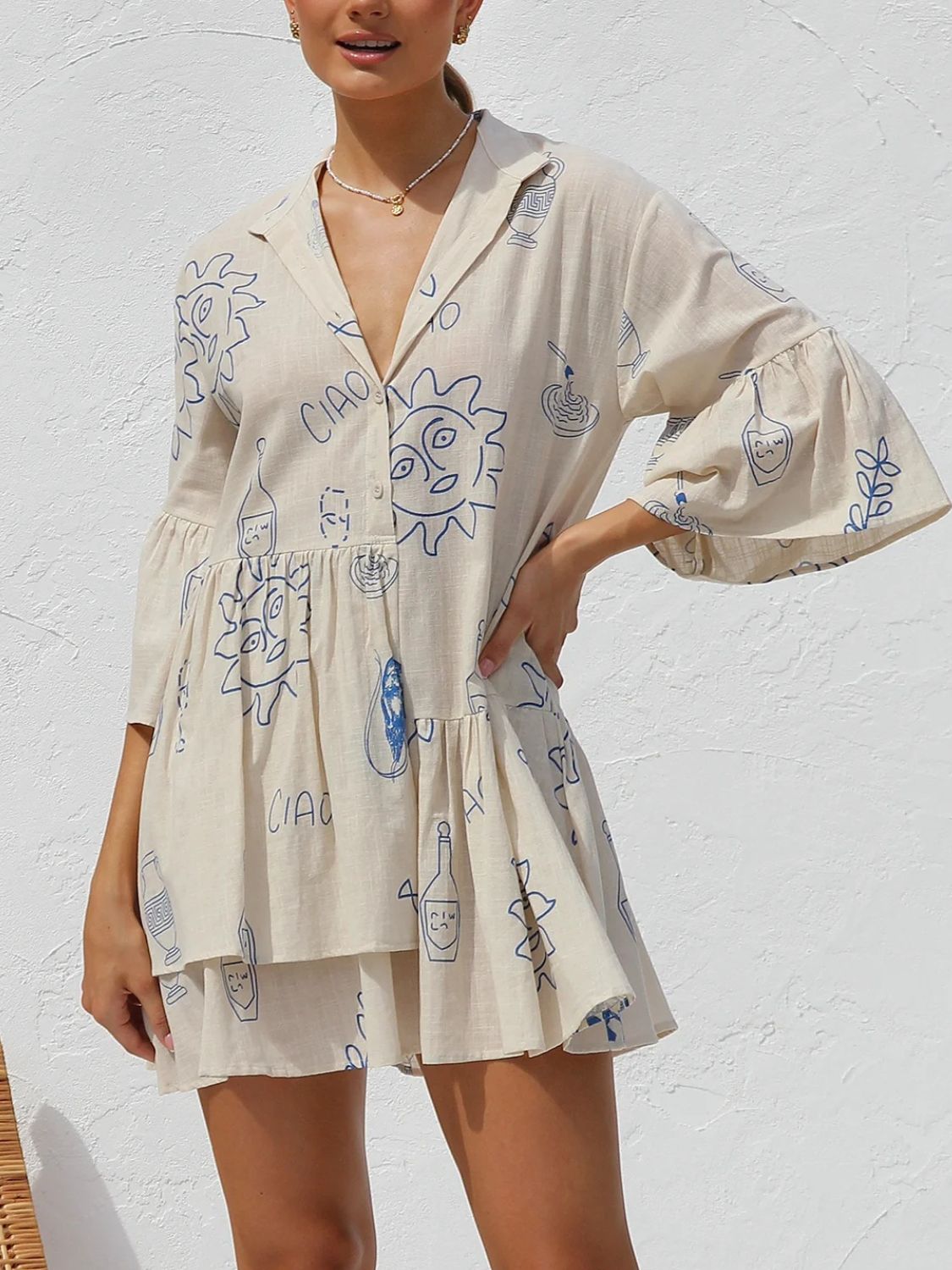 Button Detail Printed Mini Dress - felvior