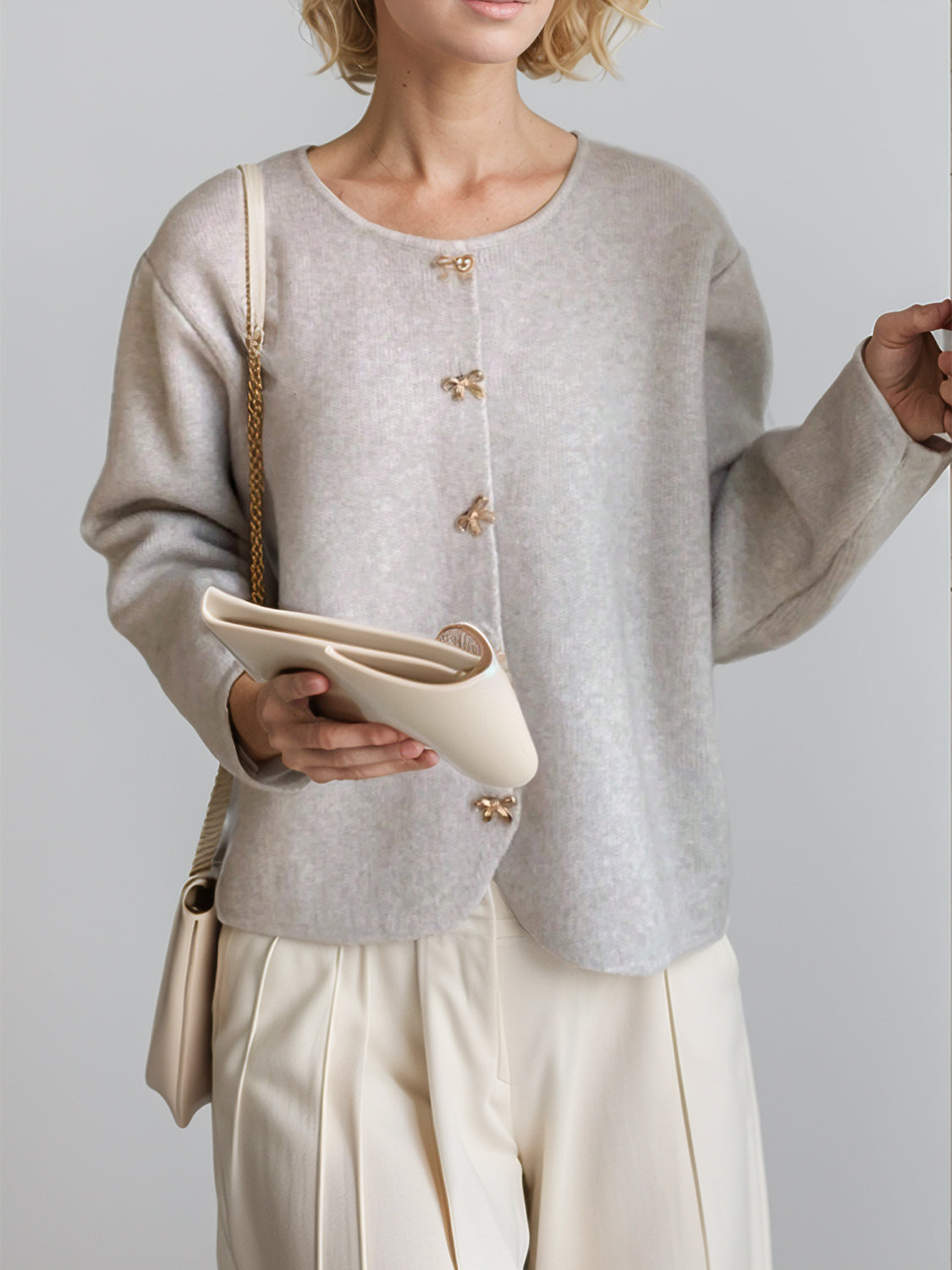 Bow Button Down Round Neck Long Sleeve Cardigan - felvior
