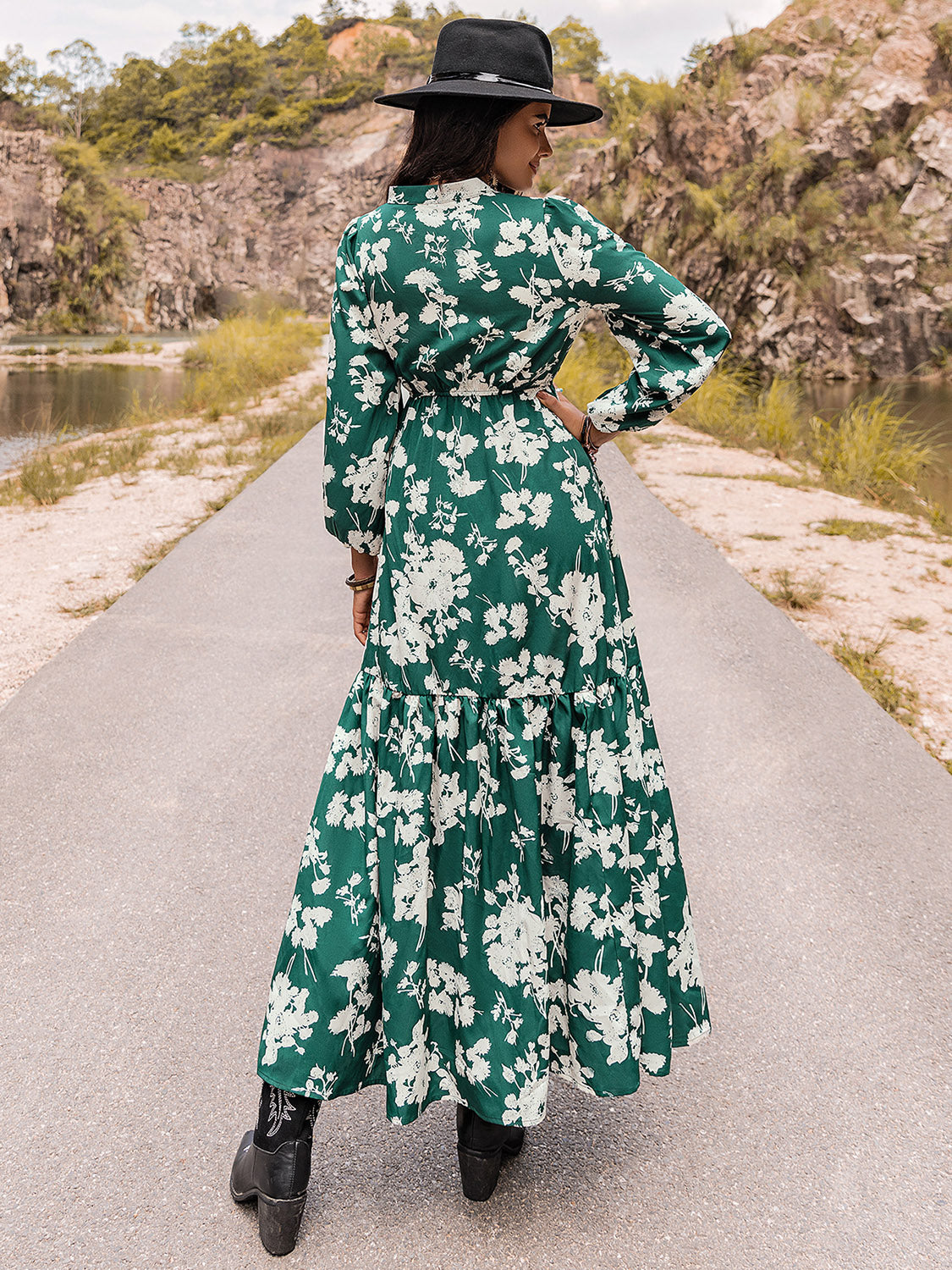 Printed Notched Neck Maxi Dress - felvior