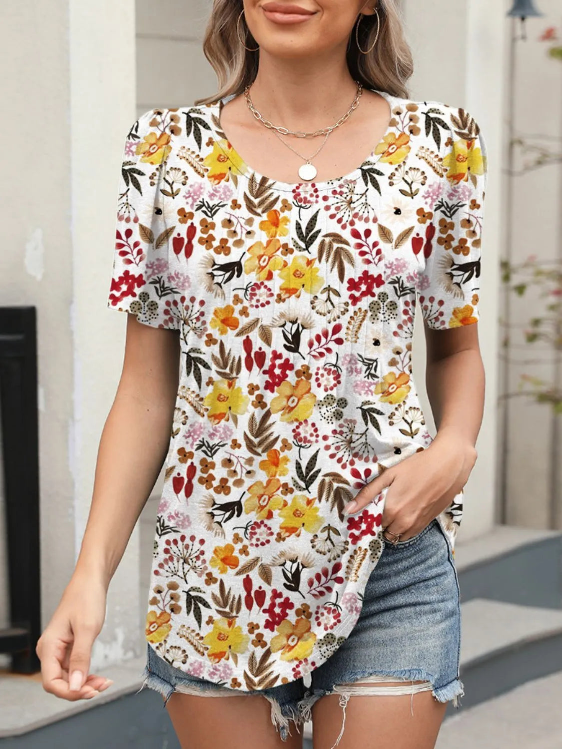 Floral Round Neck Short Sleeve Top