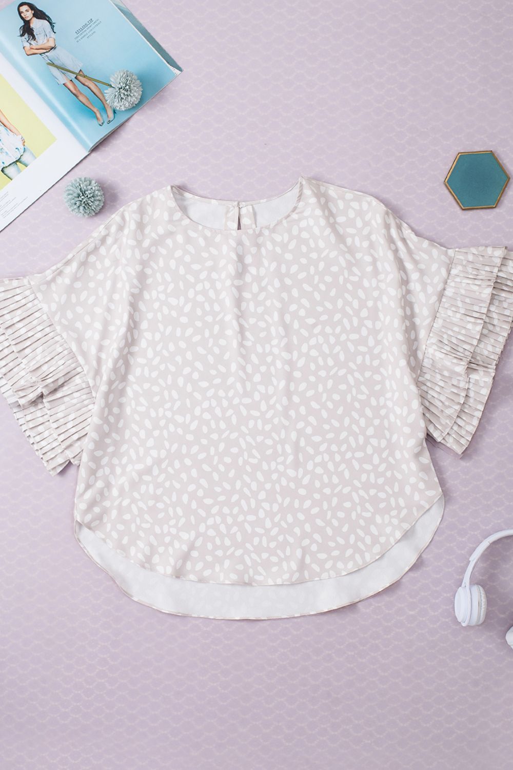 Printed Round Neck Ruffled Half Sleeve Blouse - felvior