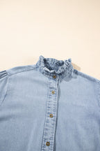Ruffle Short Puff Sleeve Button Down Denim Shirt