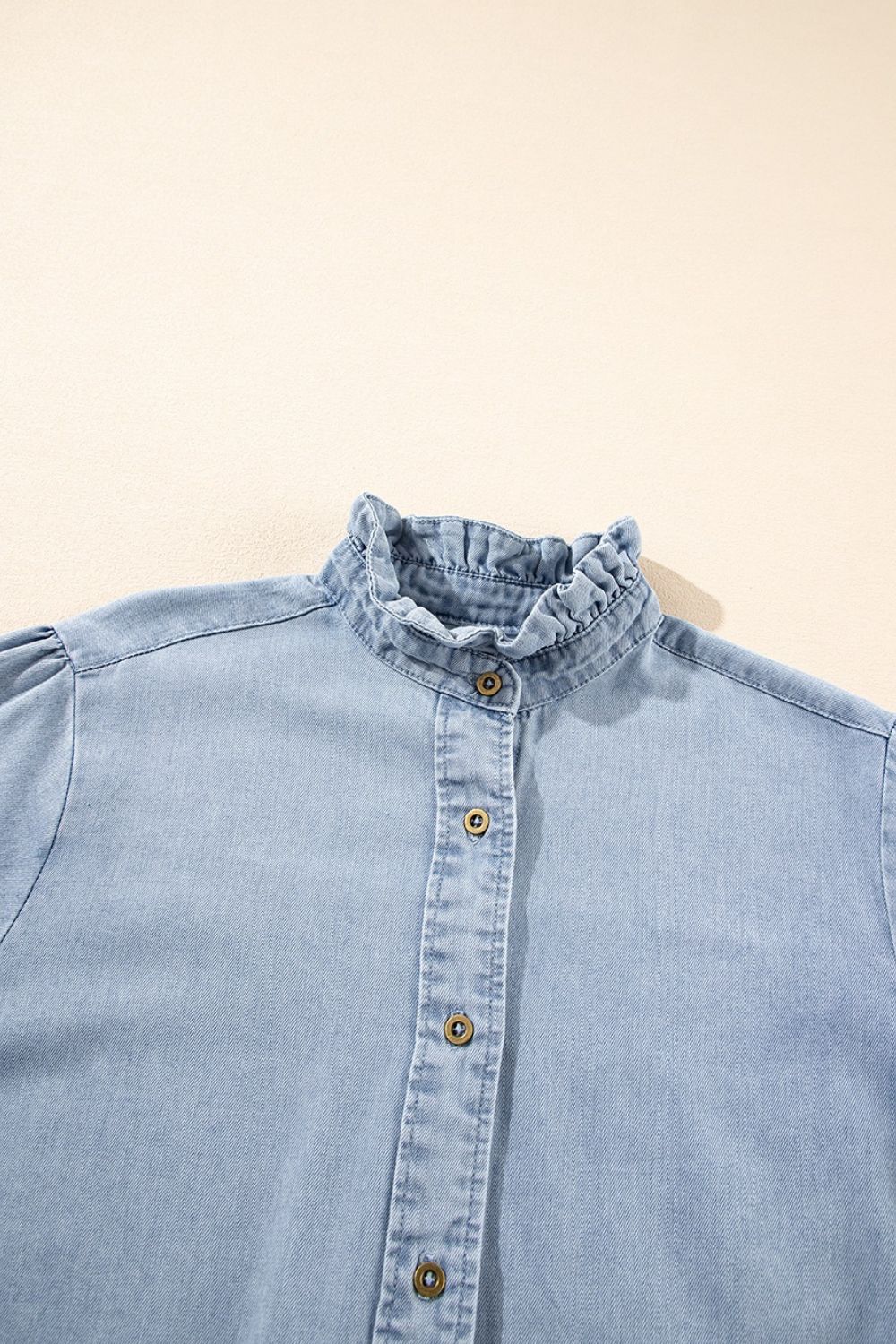 Ruffle Short Puff Sleeve Button Down Denim Shirt