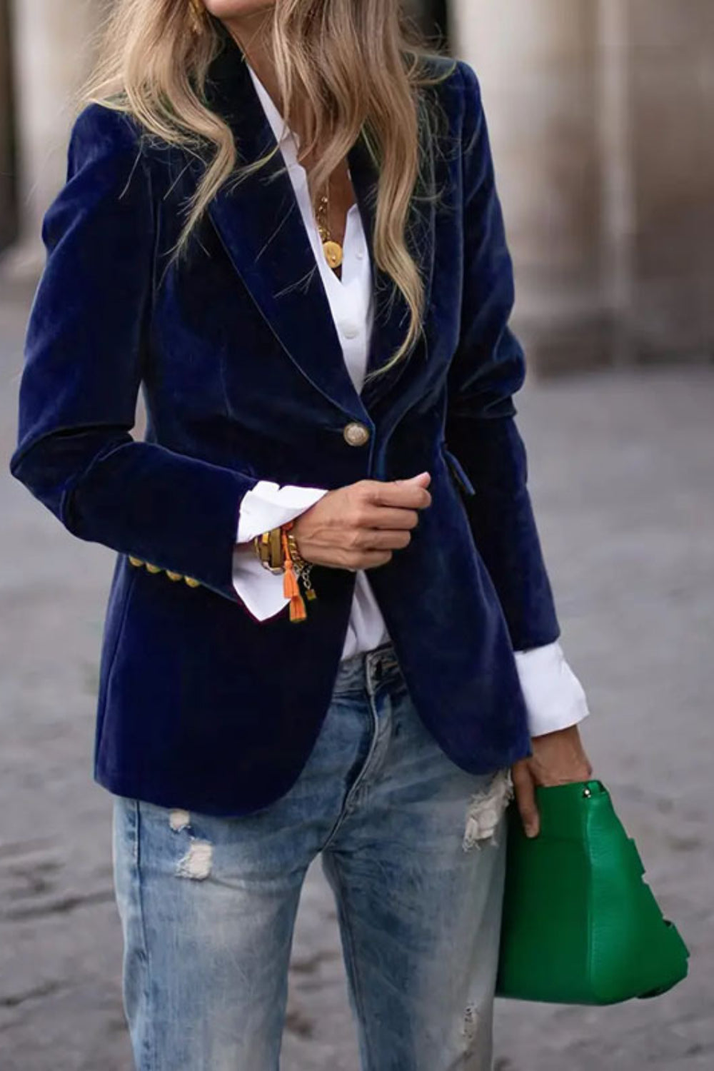 One Button Lapel Collar Long Sleeve Blazer - felvior