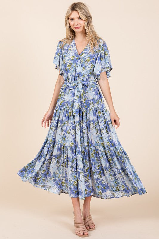 Mittoshop Floral Tie Waist Flutter Sleeve Tiered Dress - felvior