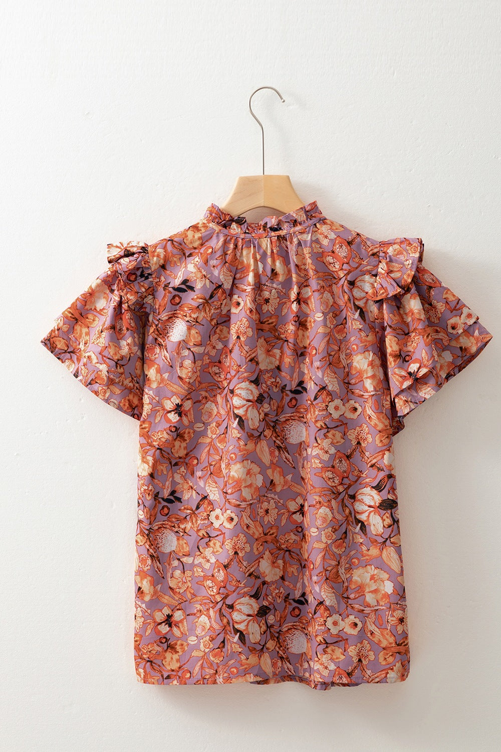 Floral Ruffled Layered Short Sleeve Tie Neck Blouse - felvior