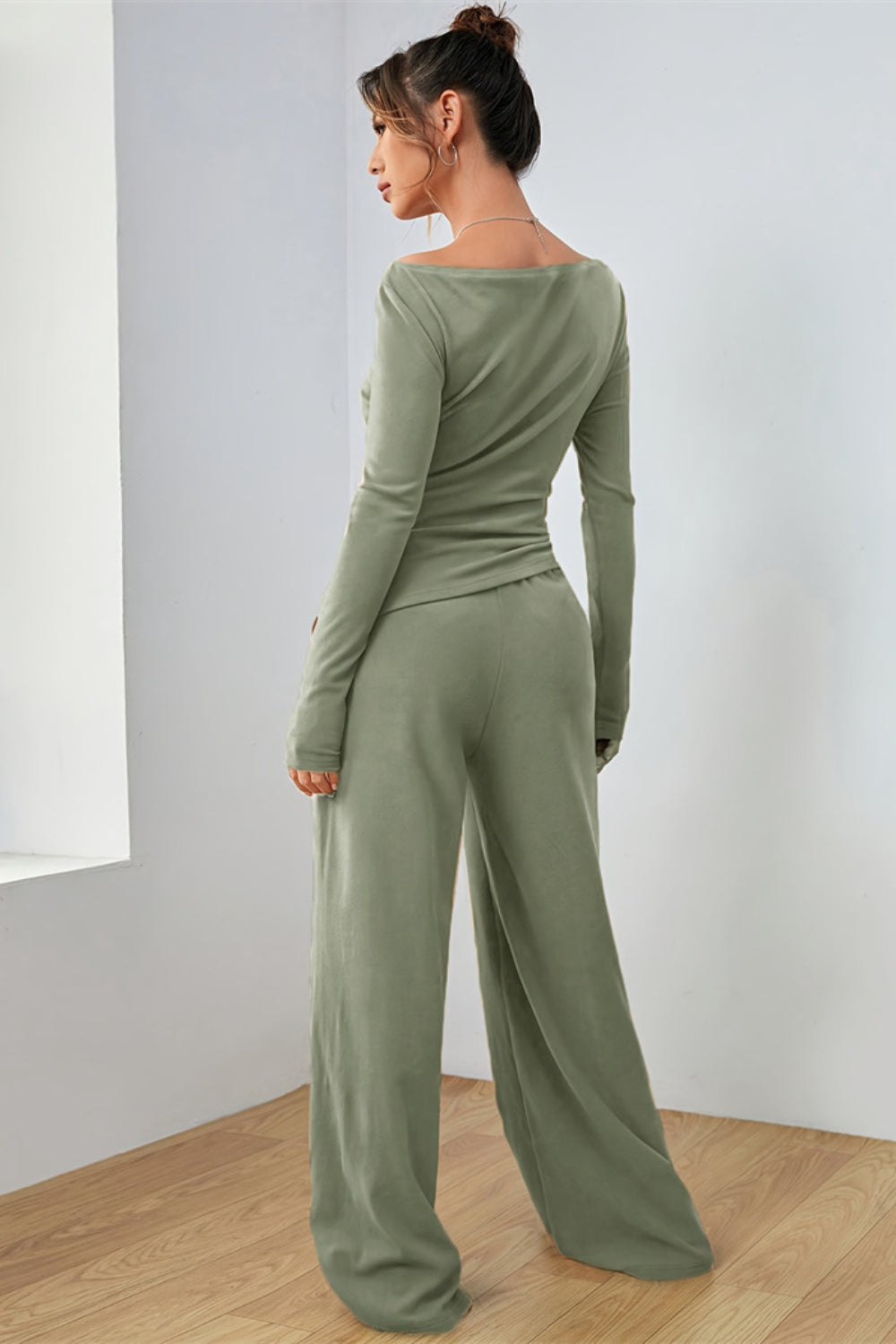 Boat Neck Long Sleeve Top and Pants Set - felvior