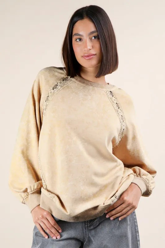 VERY J Plus Size Lace Trim Detail Mineral Washed Knit Top - felvior
