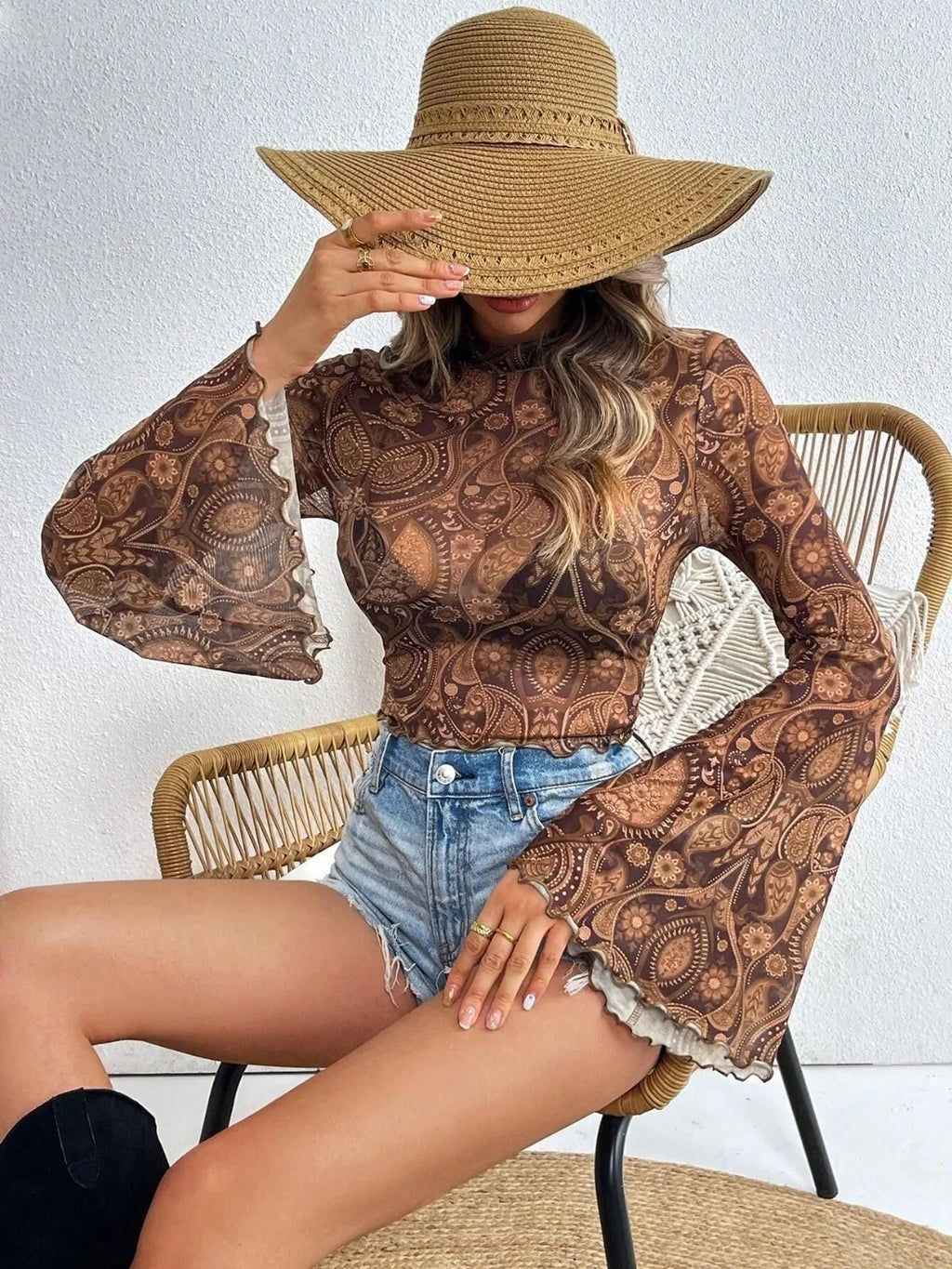 Printed Mock Neck Long Sleeve Cropped T-Shirt