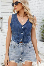 Button Down V-Neck Denim Vest