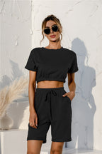 Short Sleeve Cropped Top and Drawstring Shorts Lounge Set