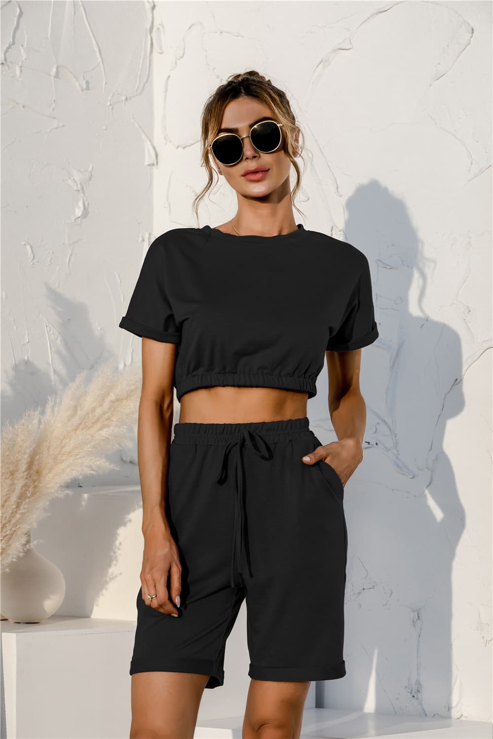 Short Sleeve Cropped Top and Drawstring Shorts Lounge Set - felvior