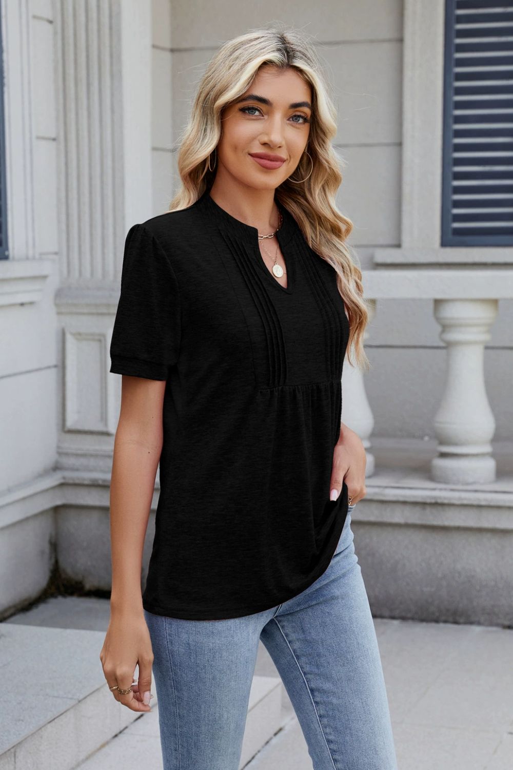 Notched Short Sleeve Top