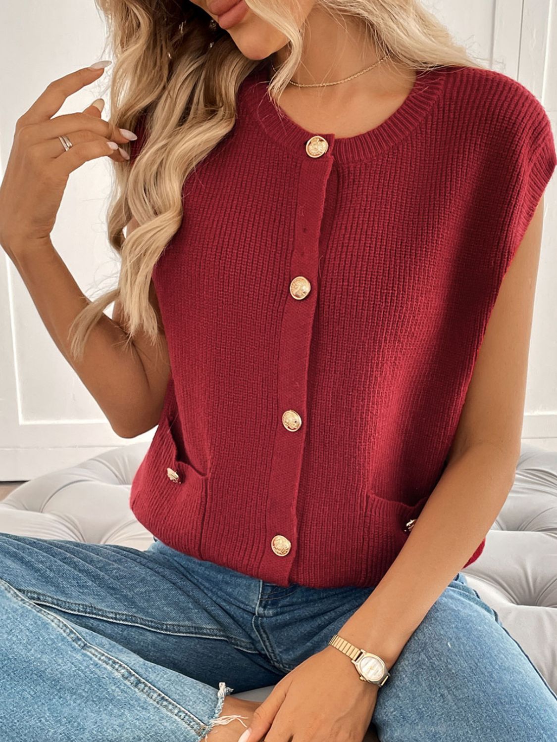 Perfee Pocketed Round Neck Cap Sleeve Cardigan - felvior