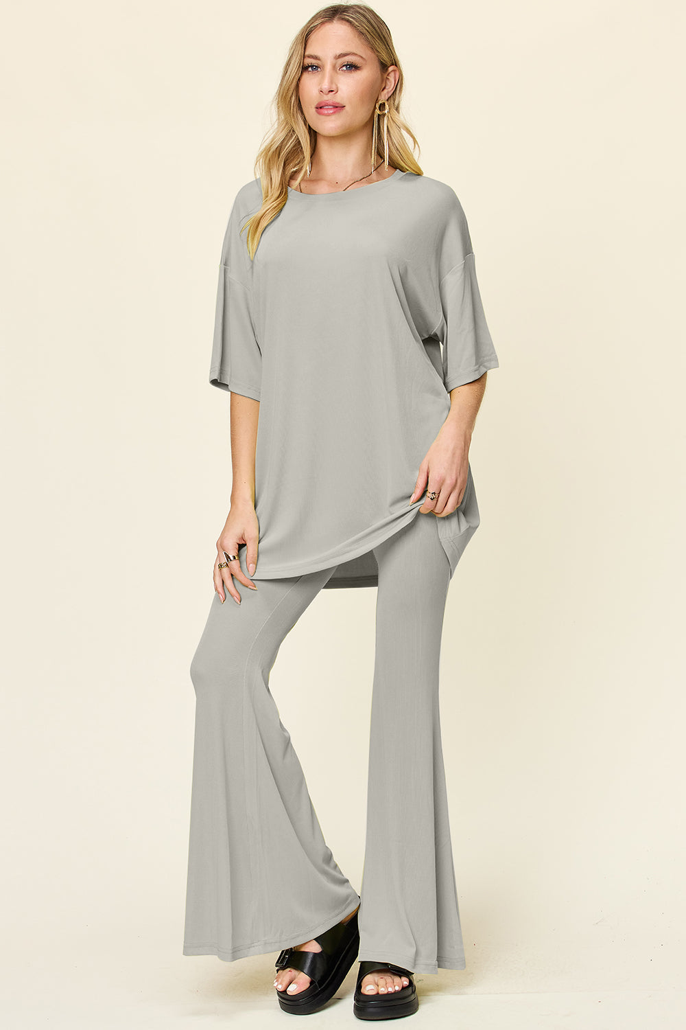 Double Take Full Size Round Neck Drop Shoulder T-Shirt and Flare Pants Set - felvior