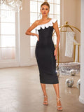Slit Contrast Single Shoulder Midi Dress - felvior
