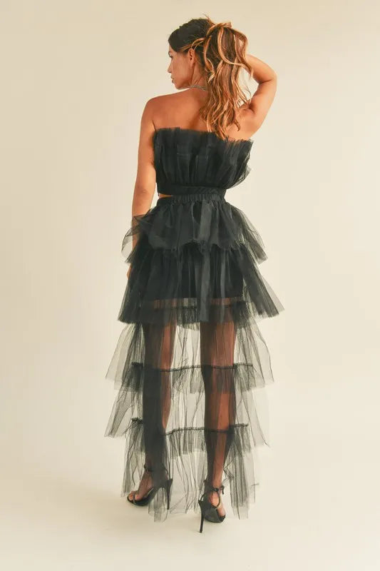 MABLE Tulle Tube Ruffle Crop Top and High Low Maxi Skirt Set