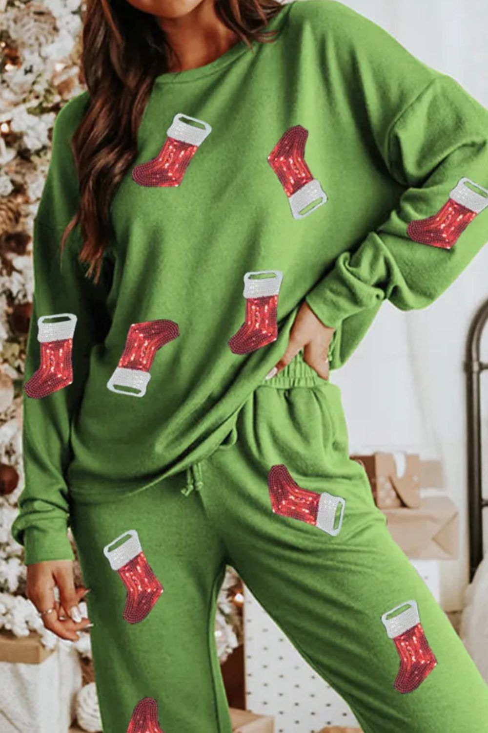 Sequin Socks Round Neck Long Sleeve Top and Pants Lounge Set - felvior