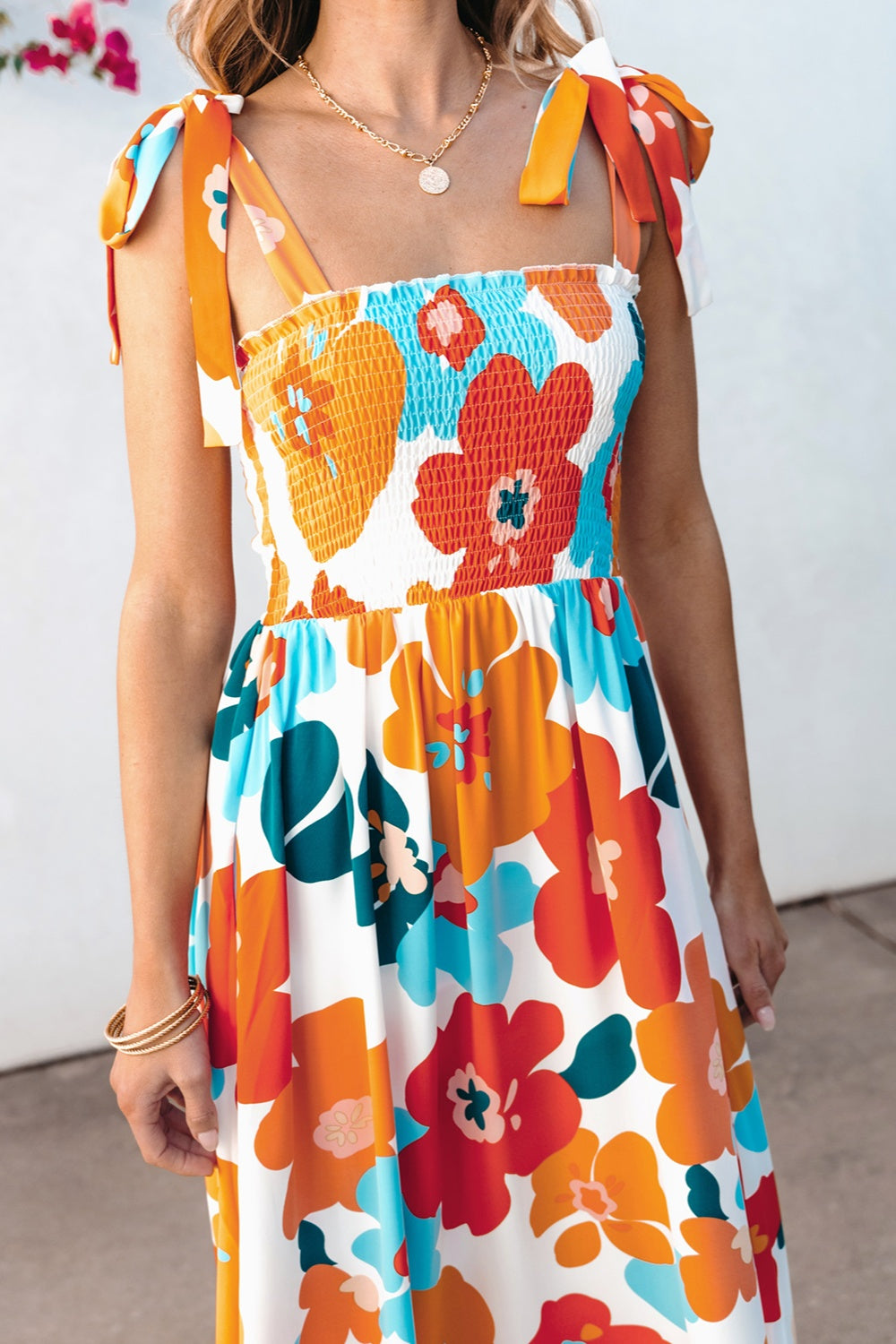 Smocked Printed Square Neck Dress - felvior