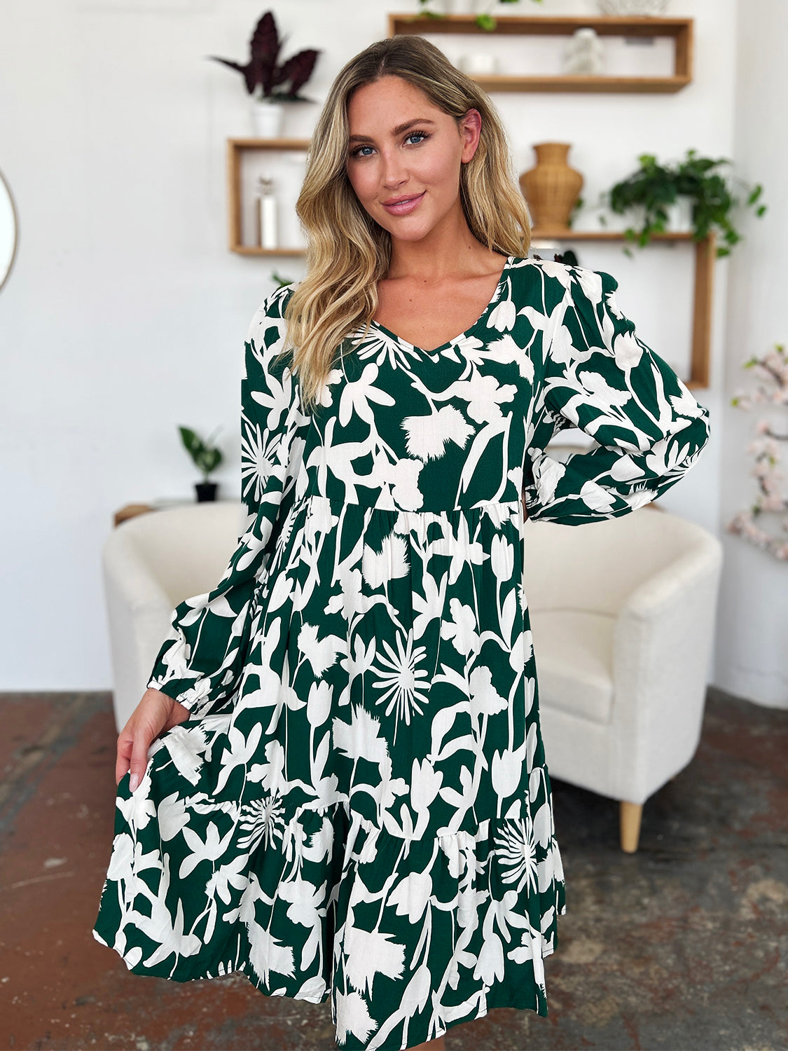 Double Take Full Size Printed Ruffle Hem Dress with Pocket - felvior