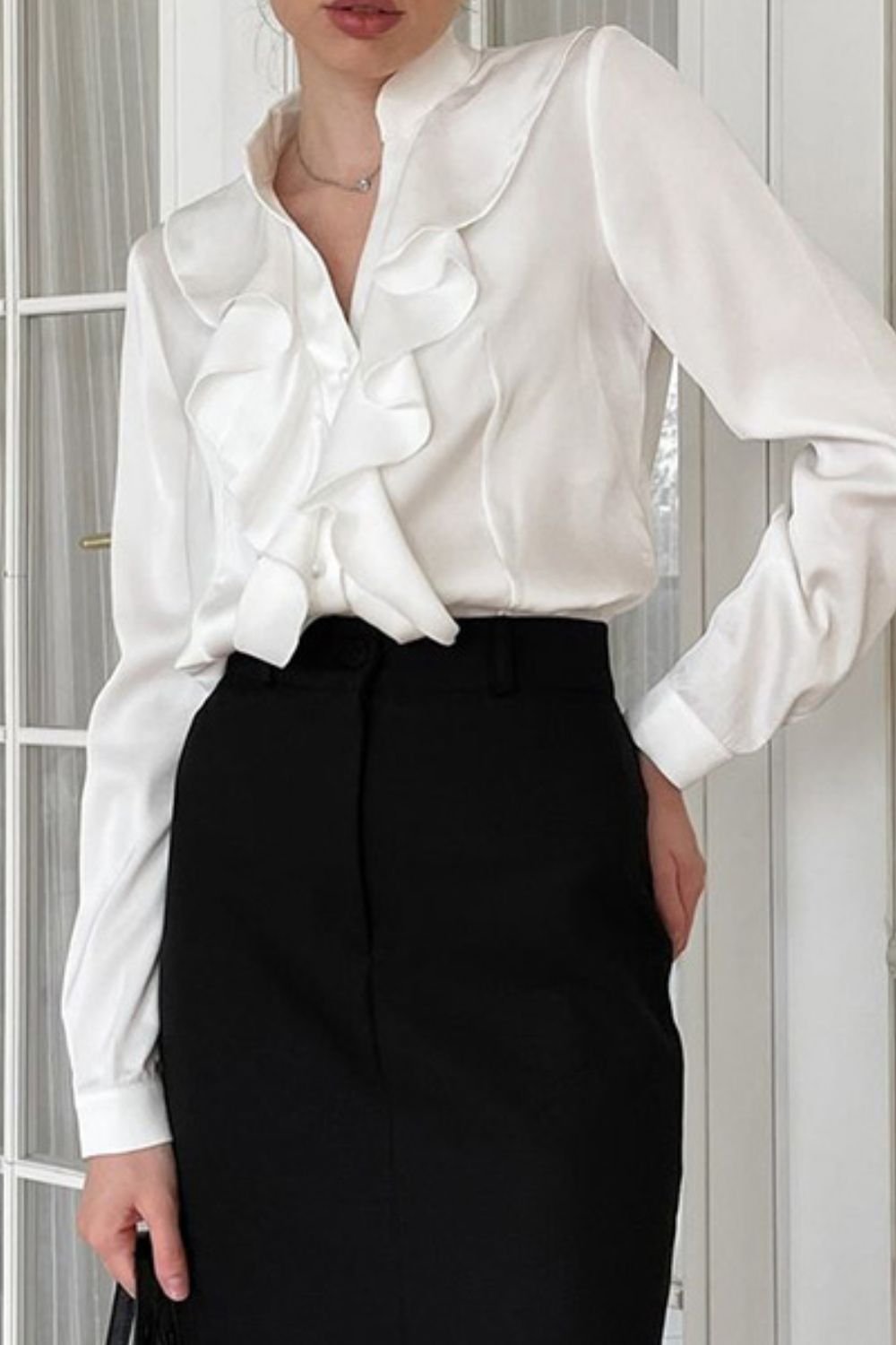 Ruffled Notched Long Sleeve Shirt - felvior