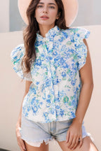 Floral Print Ruffle Sleeve Frilly Button Up Shirt