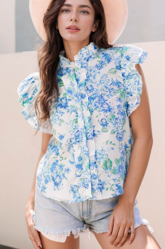 Floral Print Ruffle Sleeve Frilly Button Up Shirt - felvior