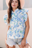 Floral Print Ruffle Sleeve Frilly Button Up Shirt - felvior