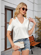 Textured V-Neck Cold Shoulder Top
