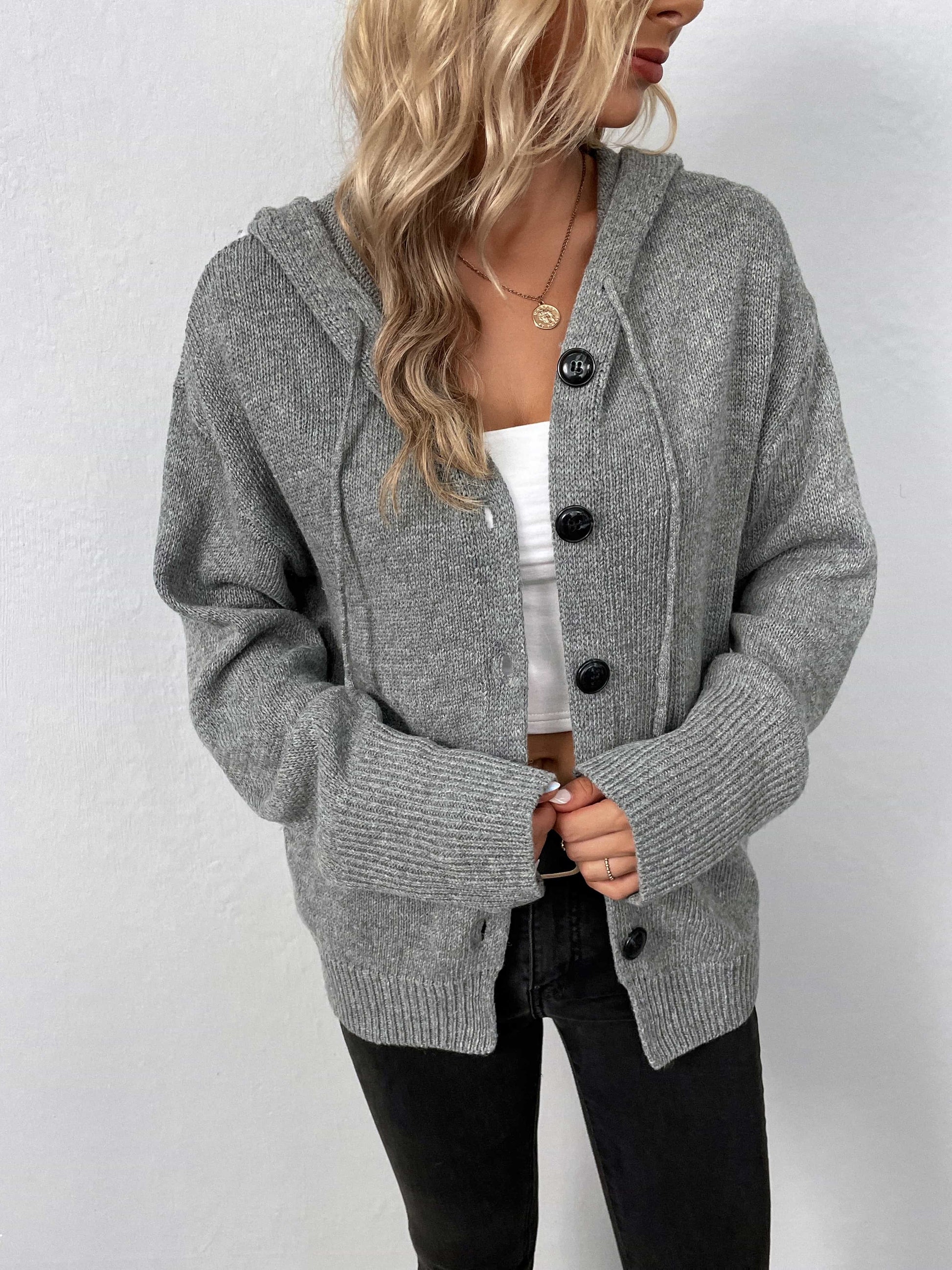 Button-Down Long Sleeve Hooded Sweater - felvior