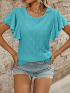 Eyelet Round Neck Flutter Sleeve Top