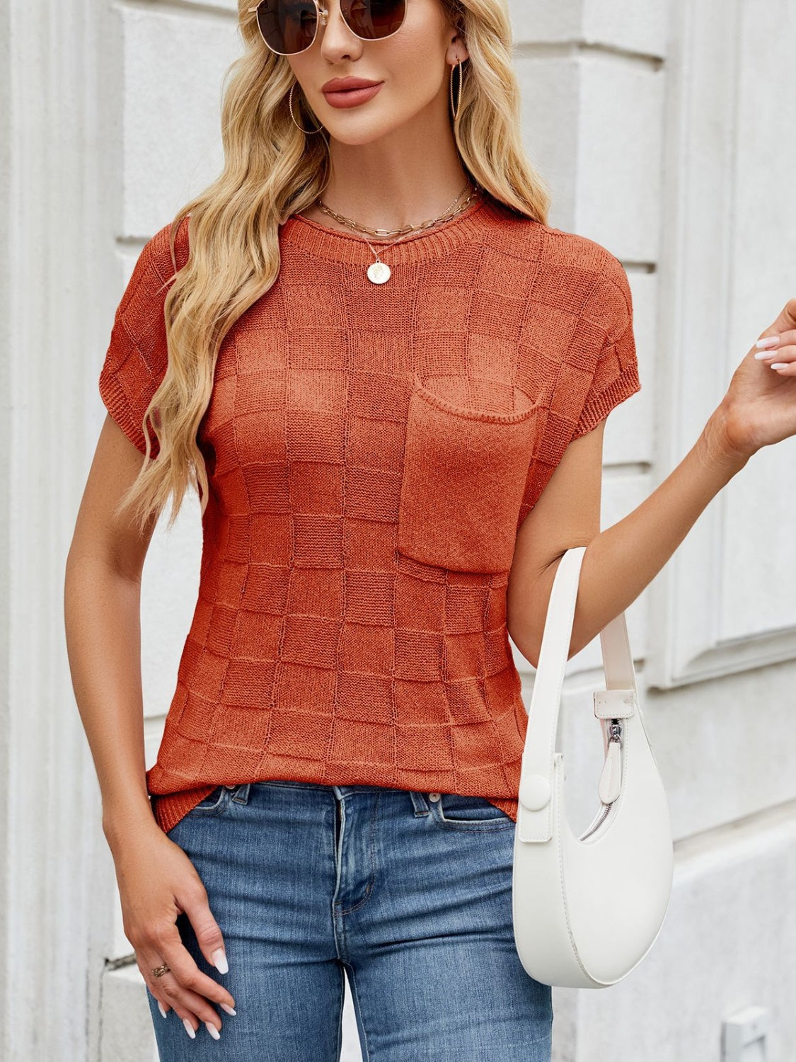 Round Neck Short Sleeve Knit Top - felvior