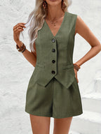 V-Neck Button Down Vest and Shorts Set