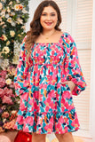 Plus Size Smocked Floral Square Neck Balloon Sleeve Dress - felvior