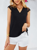 Lace Detail V-Neck Cap Sleeve T-Shirt