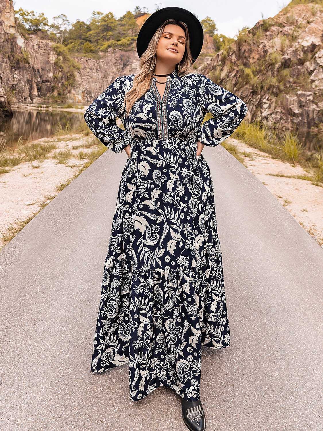 Plus Size Long Sleeve Maxi Dress - felvior