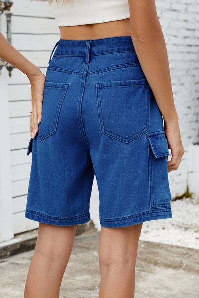 High Rise Denim Shorts with Cargo Pockets - felvior